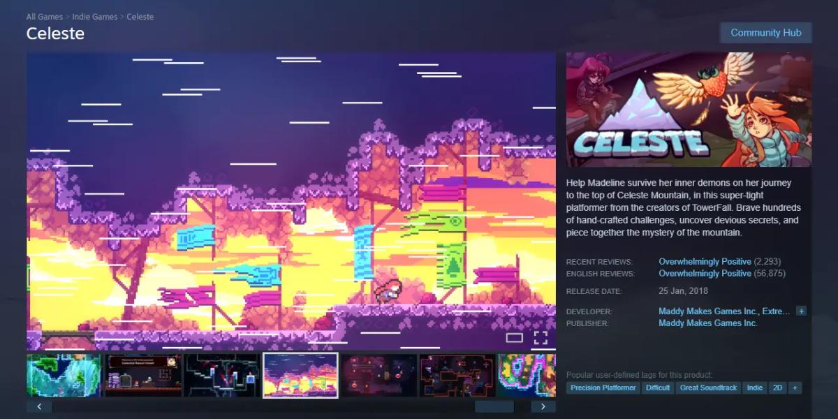 Isang screenshot ng Steam store page para sa larong Celeste, na nagpapakita ng mga gameplay image at detalye ng produkto.