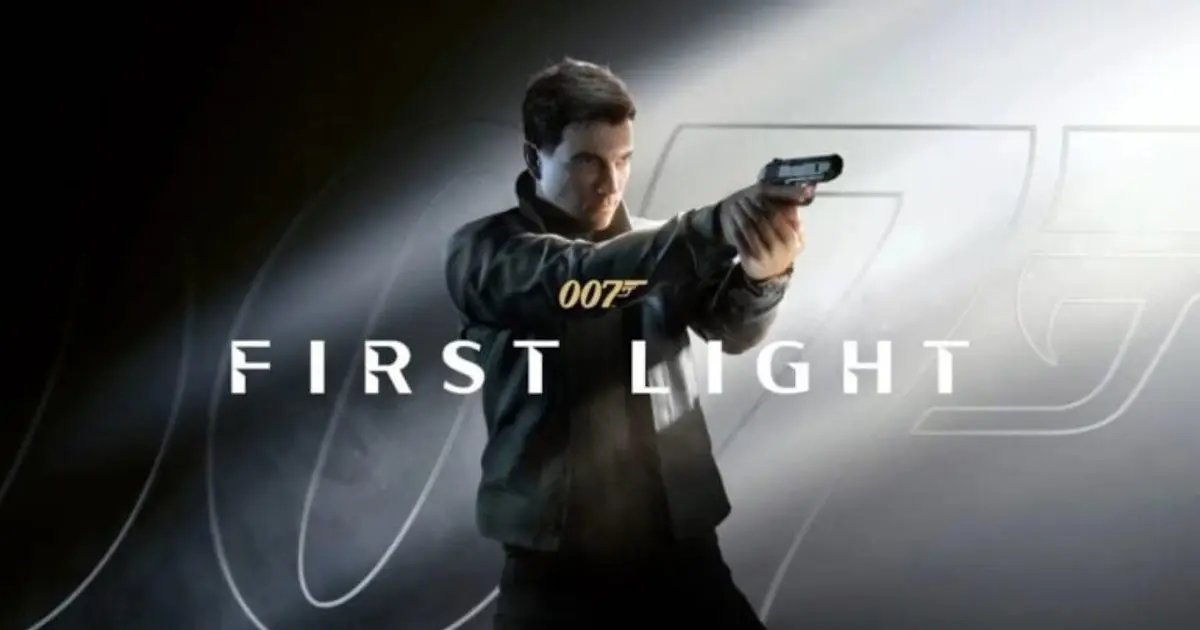 Promotional na imahe para sa video game na 007 First Light na nagtatampok sa isang lalaking may hawak na baril.