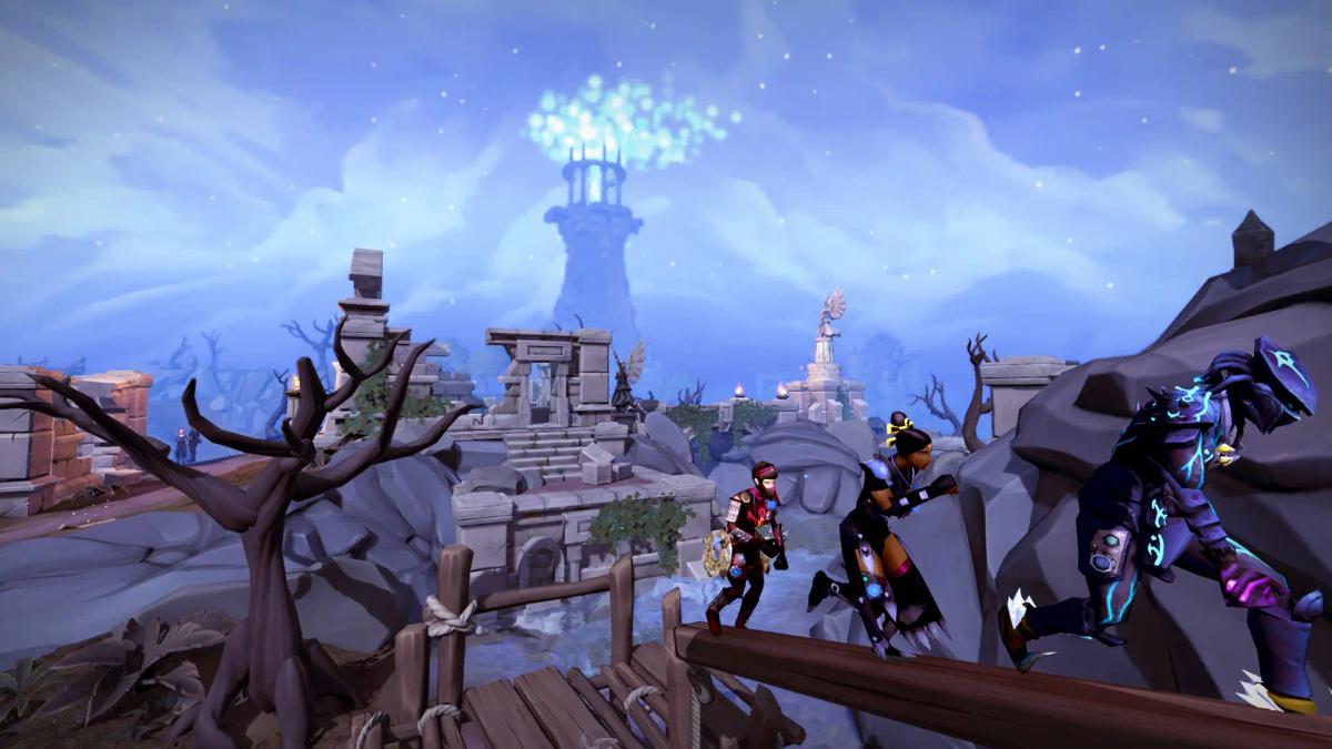 Isang gameplay screenshot ng RuneScape na nagpapakita ng mga karakter na tumatawid sa isang kahoy na tulay sa isang fantasy landscape.