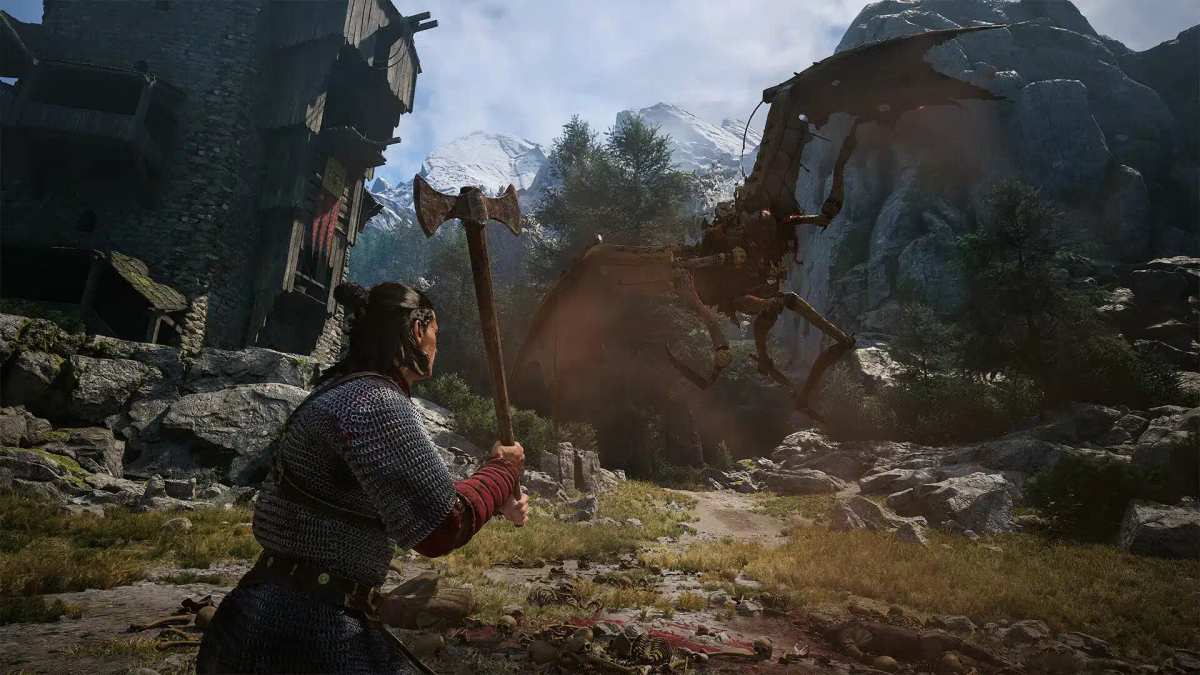 Isang mandirigmang may malaking palakol na nakaharap sa isang nilalang na may pakpak sa isang bulubunduking tanawin sa The Blood of Dawnwalker