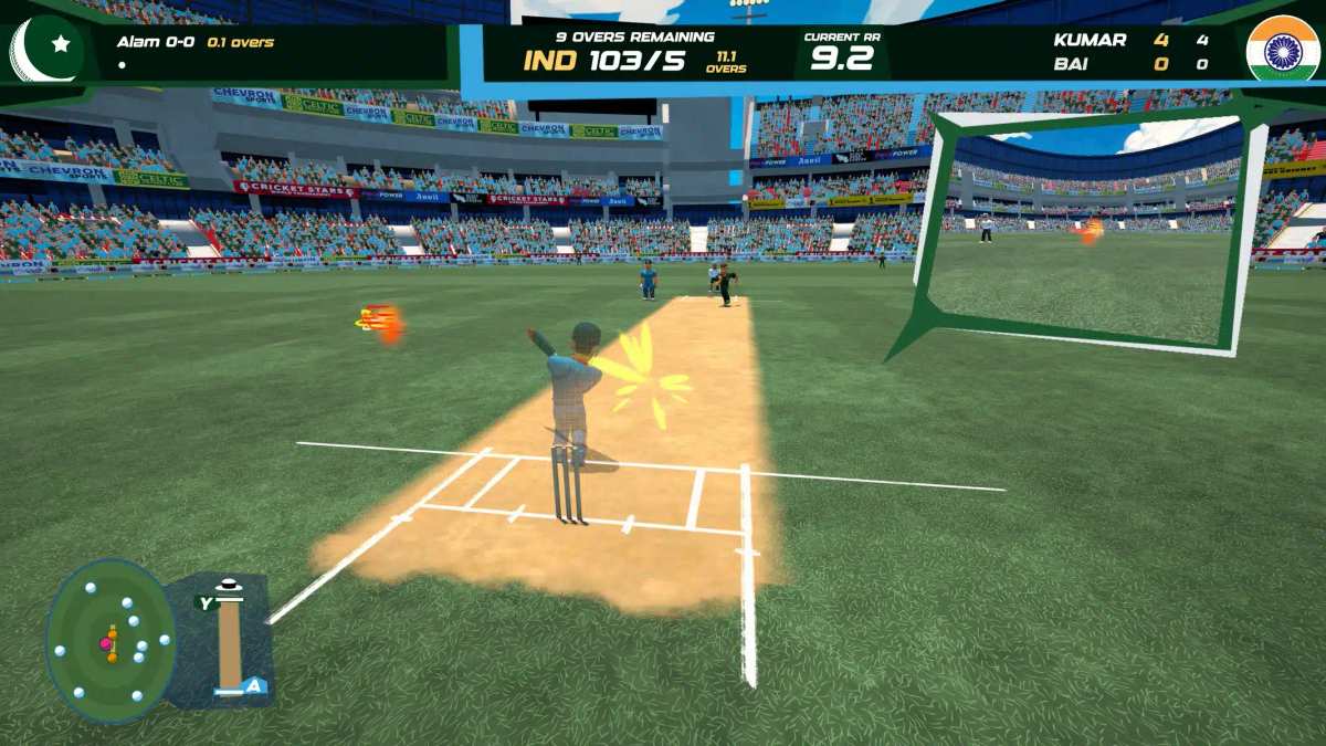 Gameplay screenshot ng Don Bradman Cricket Jr na nagpapakita ng isang stylized na laban ng cricket sa loob ng isang stadium.