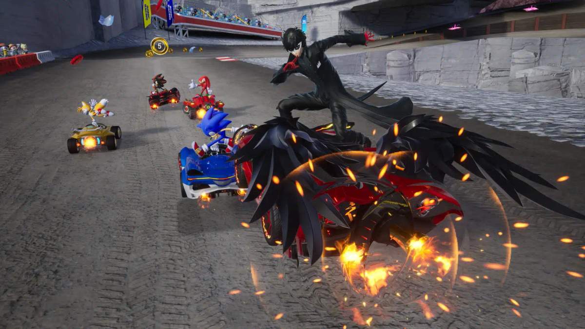 Gameplay ng Sonic Racing: CrossWorlds na nagtatampok kay Sonic at iba pang crossover characters na nakikipagkarera gamit ang mga sasakyan.