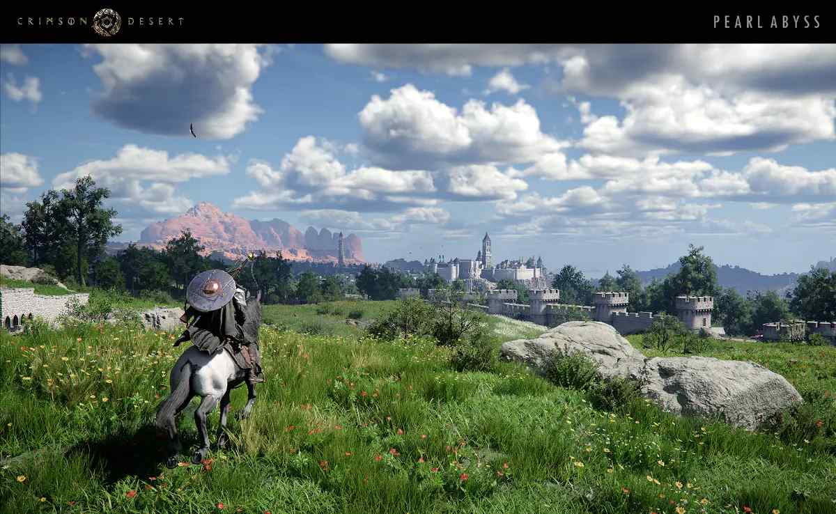 A character on horseback overlooking a vast landscape with a medieval castle and red mountains in Crimson Desert.